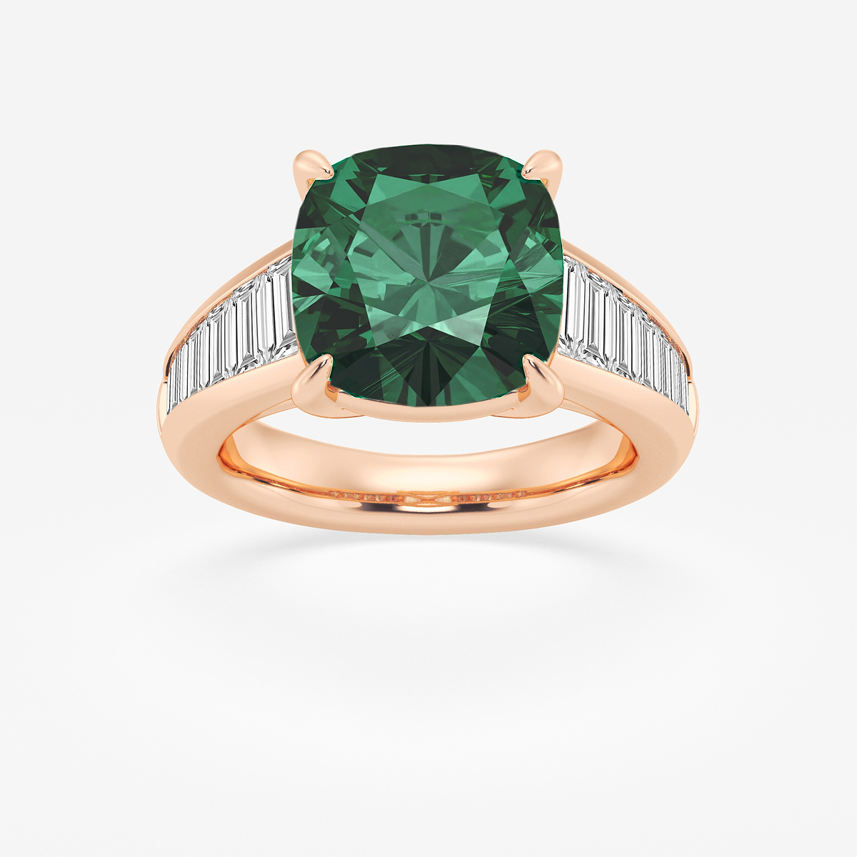 11x9 mm Cushion Cut Emerald and 1 1/4 ctw Baguette Lab Grown Diamond Side Stone Engagement Ring
