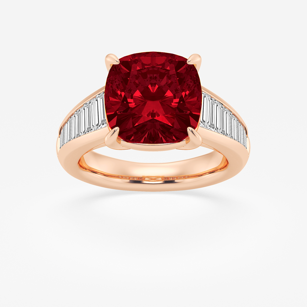 5 ctw Cushion Cut Ruby and Baguette Lab Grown Diamond Side Stone Engagement Ring
