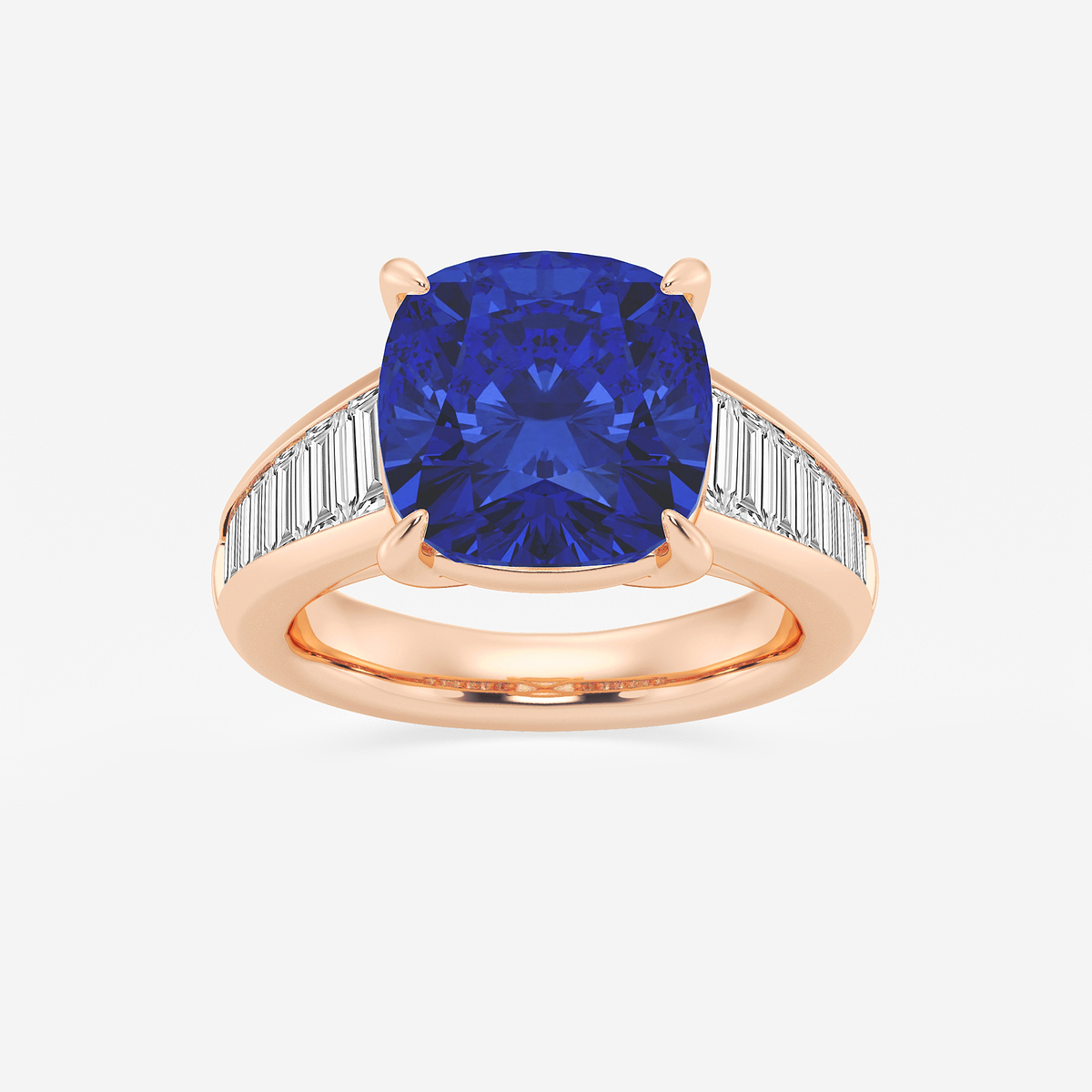 5 ctw Cushion Cut Sapphire and Baguette Lab Grown Diamond Side Stone Engagement Ring