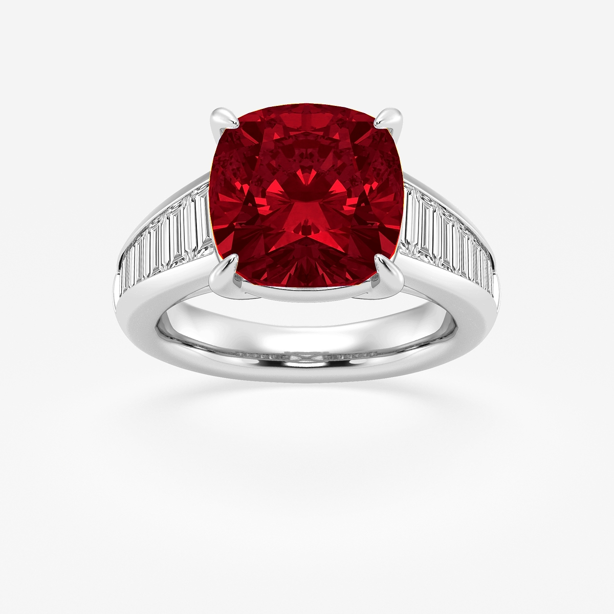 5 ctw Cushion Cut Ruby and Baguette Lab Grown Diamond Side Stone Engagement Ring