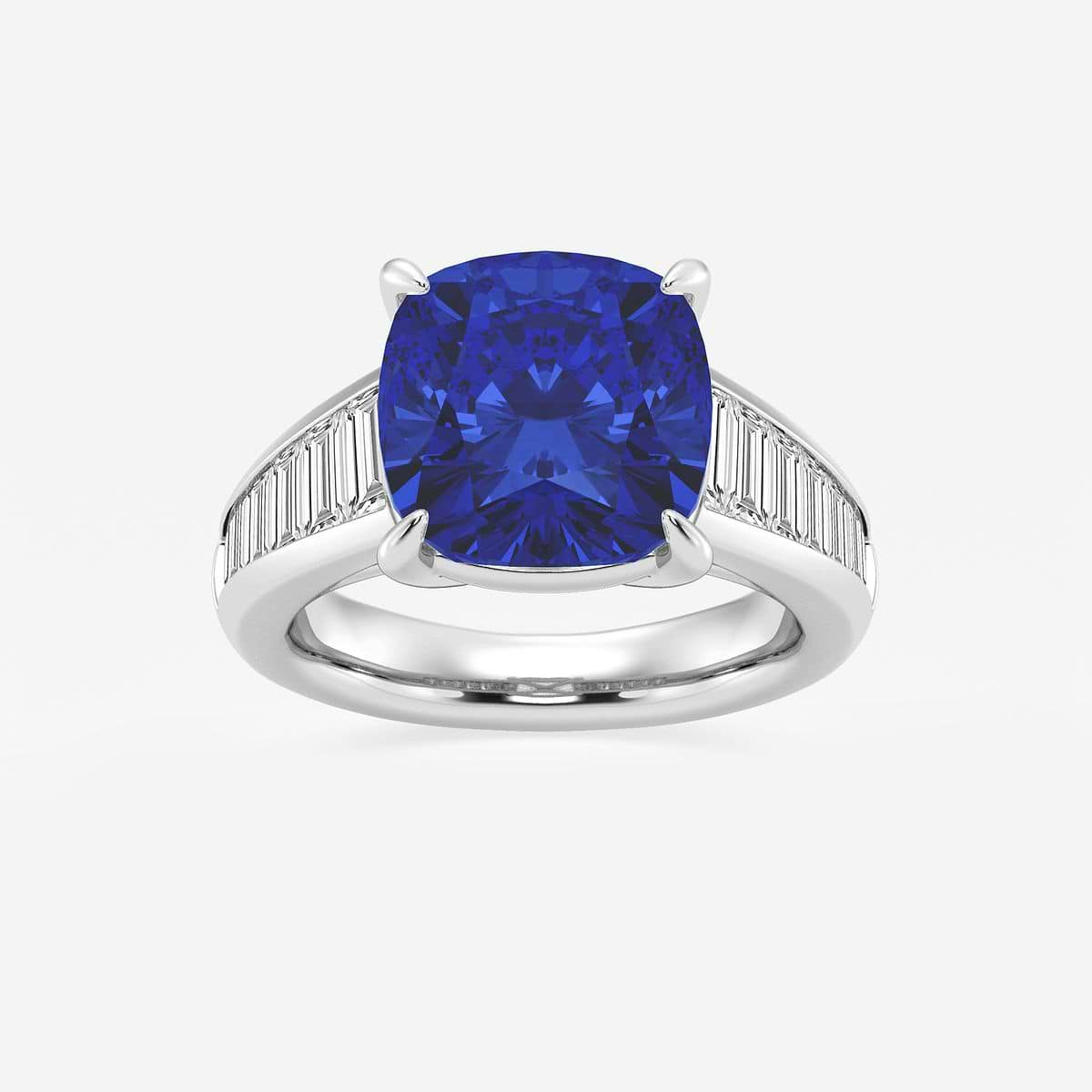 Three Stone Ring, Blue Sapphire Diamond Ring, Elongated Cushion Cut newest Diamond Engagement Ring, Baguette Wedding Ring, 14K White Gold Ring