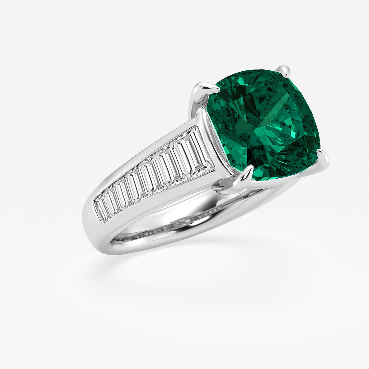 Additional Image 1 for  5 ctw Cushion Cut Emerald and Baguette Lab Grown Diamond Side Stone Engagement Ring