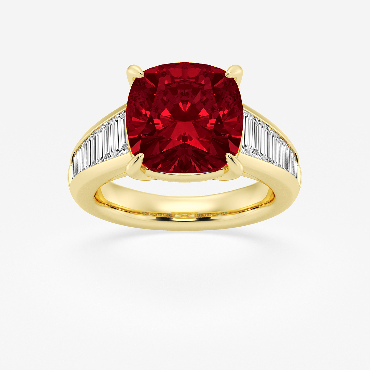 5 ctw Cushion Cut Ruby and Baguette Lab Grown Diamond Side Stone Engagement Ring