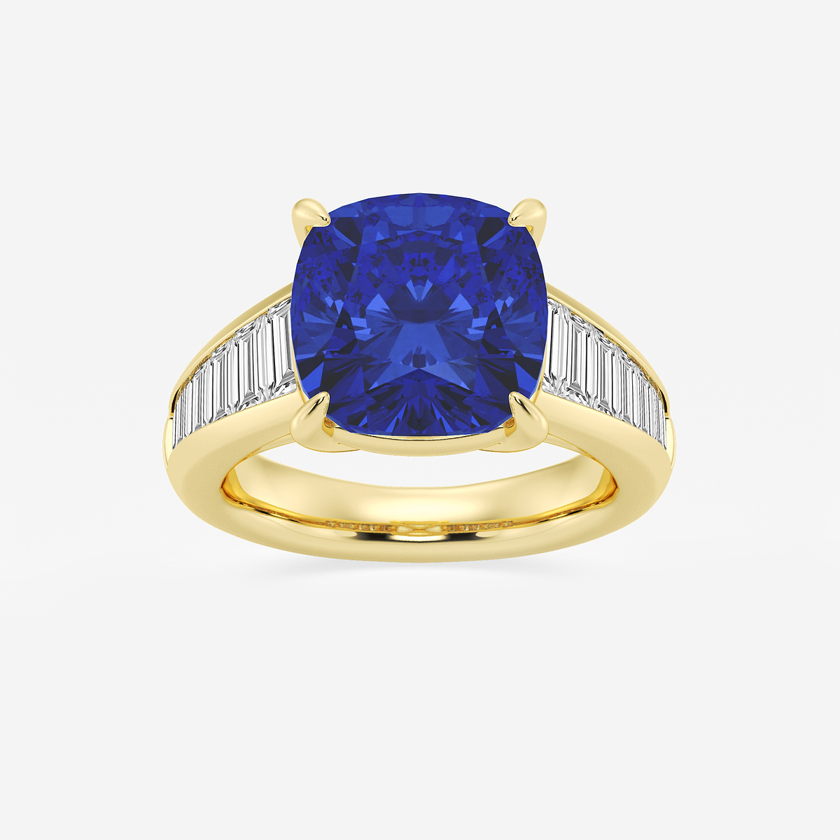 5 ctw Cushion Cut Sapphire and Baguette Lab Grown Diamond Side Stone Engagement Ring