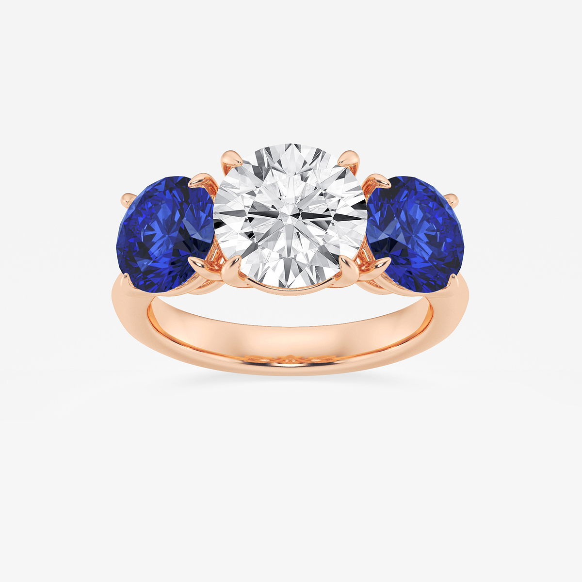 3 ctw Round Lab Grown Diamond and 7.2 mm Round Shape Created Sapphire Three-Stone Engagement Ring
