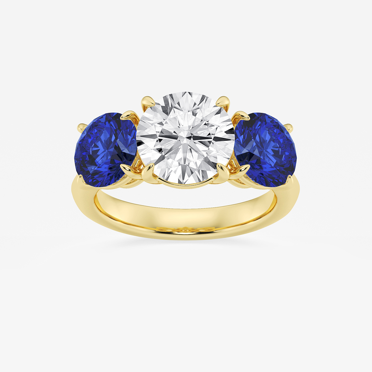 3 ctw Round Lab Grown Diamond and 7.2 mm Round Shape Created Sapphire Three-Stone Engagement Ring