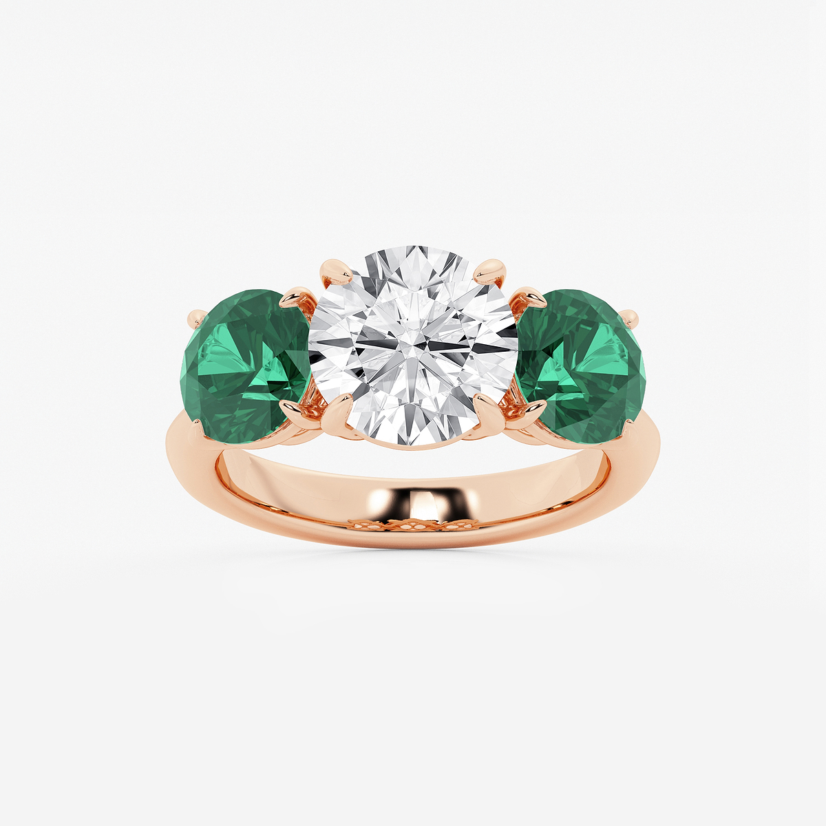 3 ctw Round Lab Grown Diamond and 7.2 mm Round Shape Created Emerald Three-Stone Engagement Ring