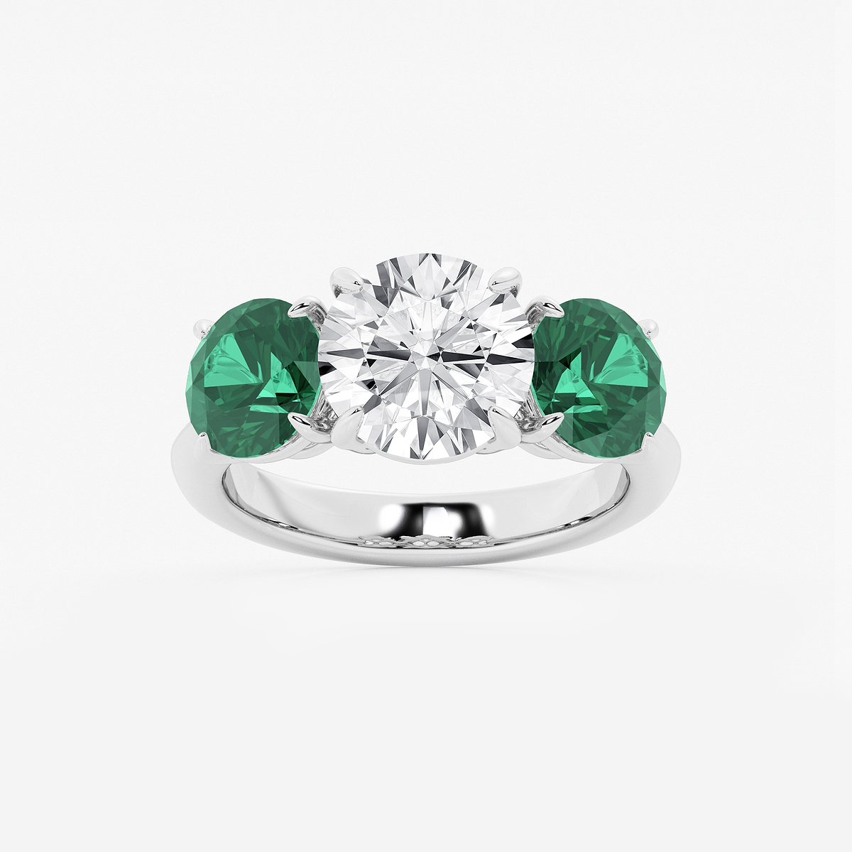 3 ctw Round Lab Grown Diamond and 7.2 mm Round Shape Created Emerald Three-Stone Engagement Ring