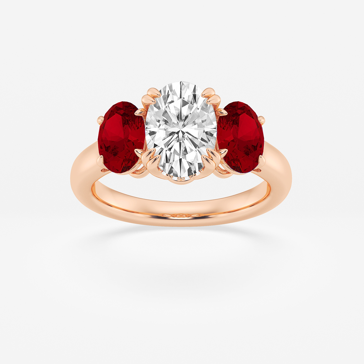 2 ctw Oval Lab Grown Diamond and Oval Cut Ruby Three-Stone Hidden Halo Engagement Ring