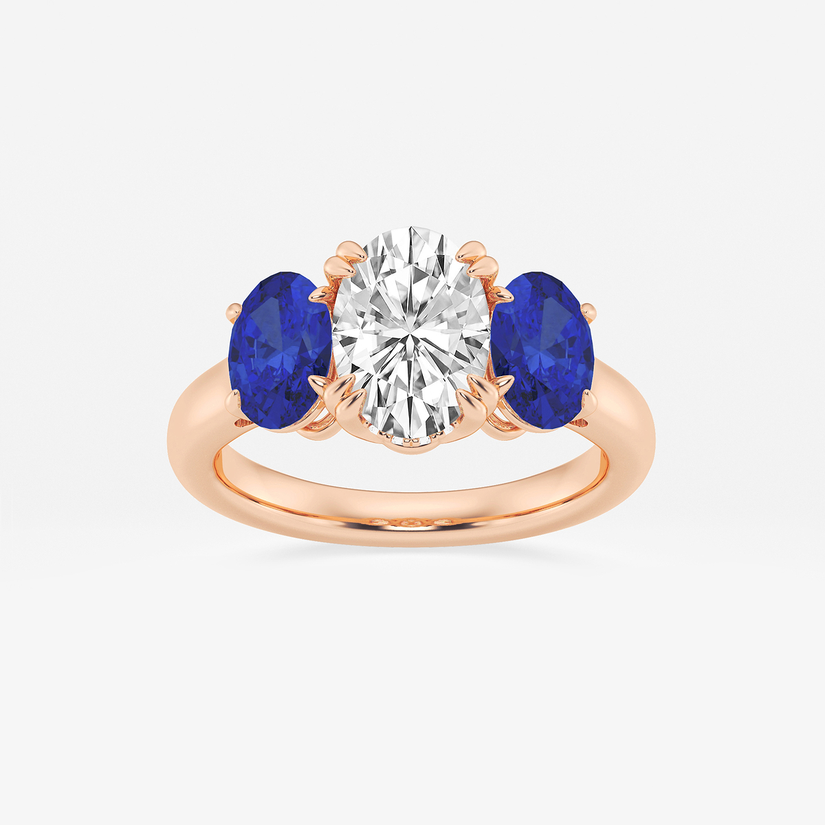 2 ctw Oval Lab Grown Diamond and Oval Cut Sapphire Three-Stone Hidden Halo Engagement Ring
