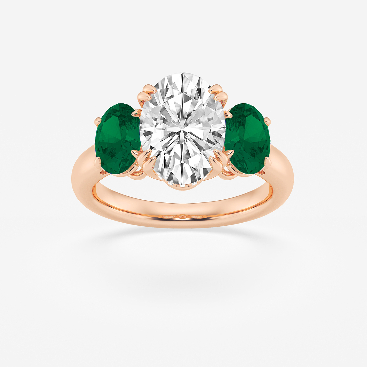 3 7/8 ctw Oval Lab Grown Diamond and Oval Cut Emerald Three-Stone Hidden Halo Engagement Ring