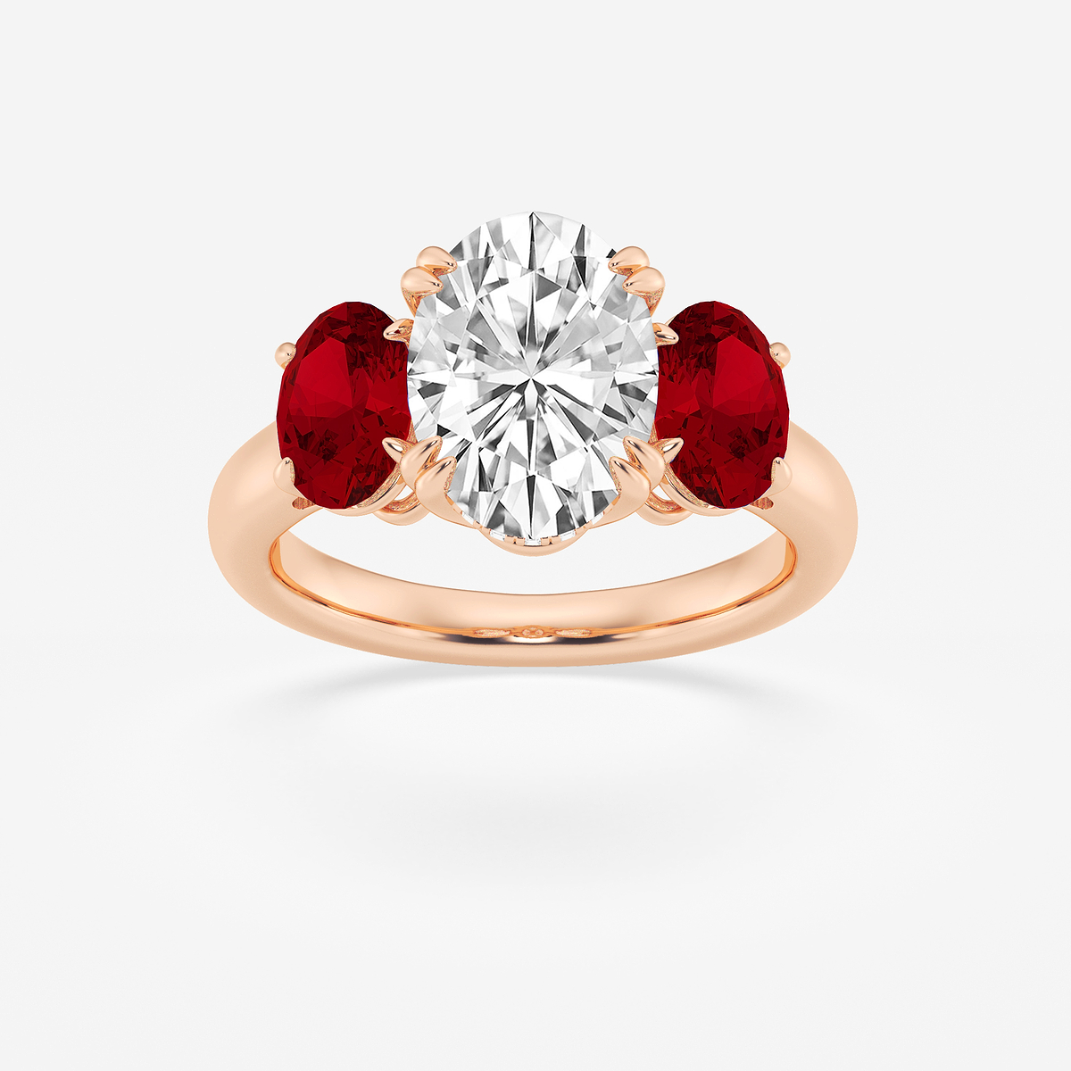 3 7/8 ctw Oval Lab Grown Diamond and Oval Cut Ruby Three-Stone Hidden Halo Engagement Ring