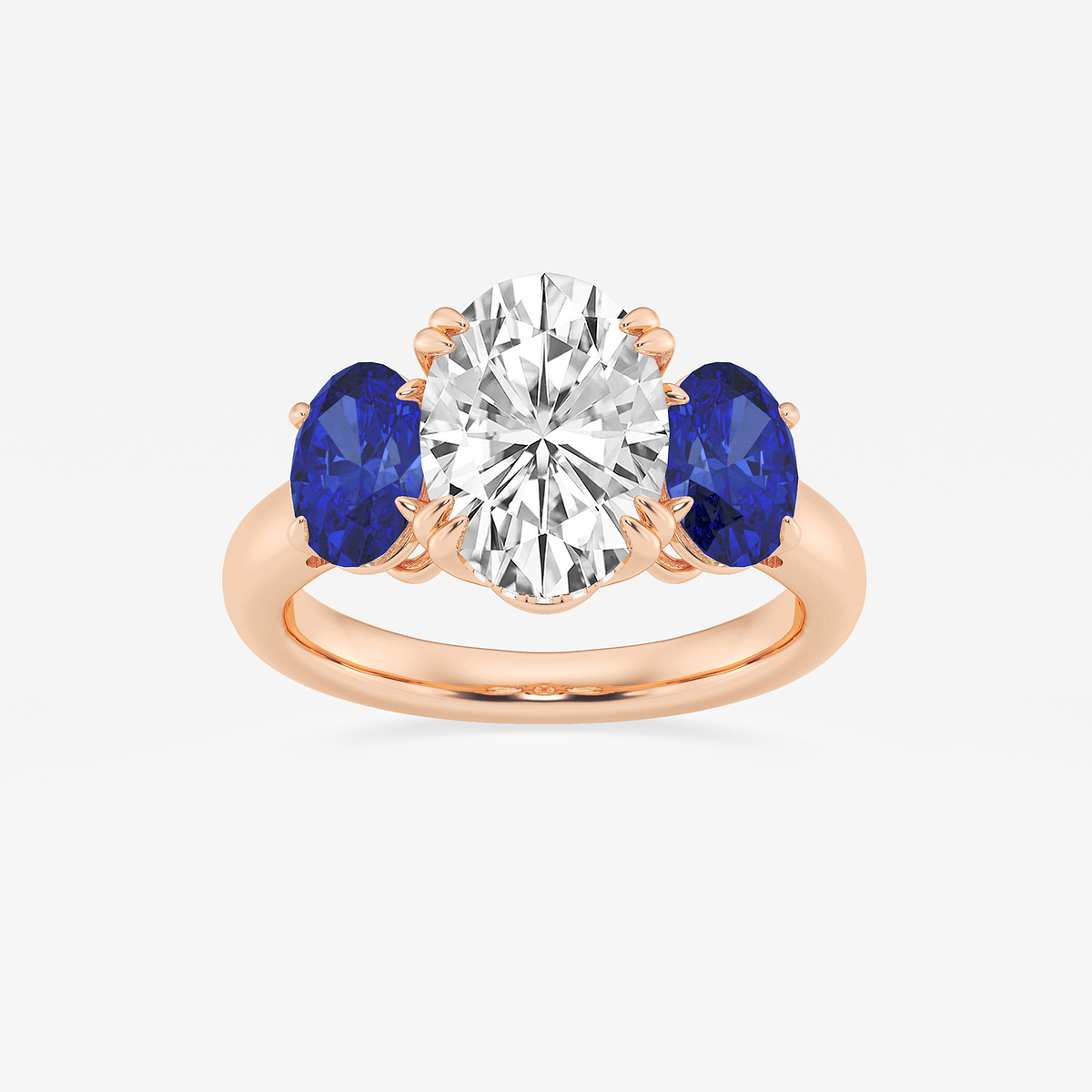 3 7/8 ctw Oval Lab Grown Diamond and Oval Cut Sapphire Three-Stone Hidden Halo Engagement Ring