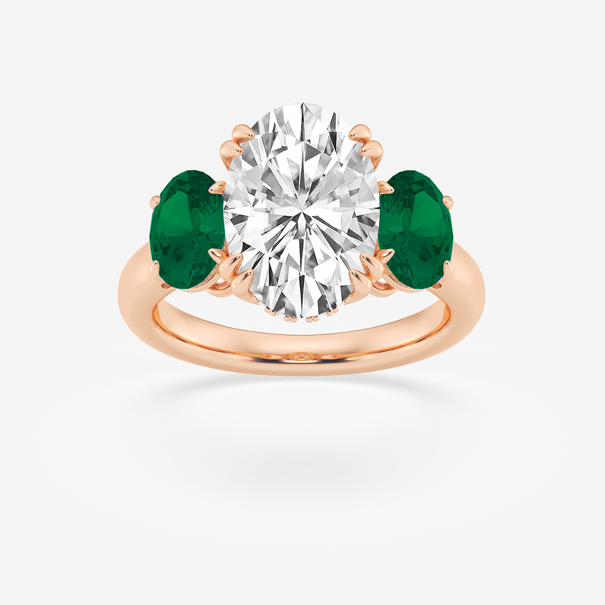 4 ctw Oval Lab Grown Diamond and Oval Cut Emerald Three-Stone Hidden Halo Engagement Ring