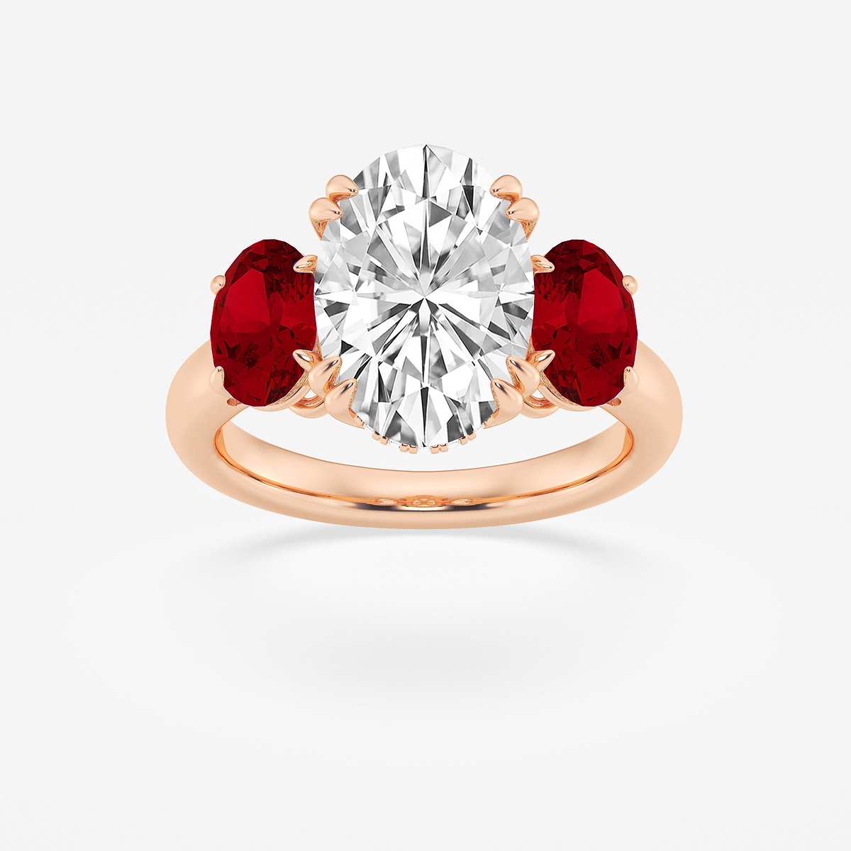 4 ctw Oval Lab Grown Diamond and Oval Cut Ruby Three-Stone Hidden Halo Engagement Ring