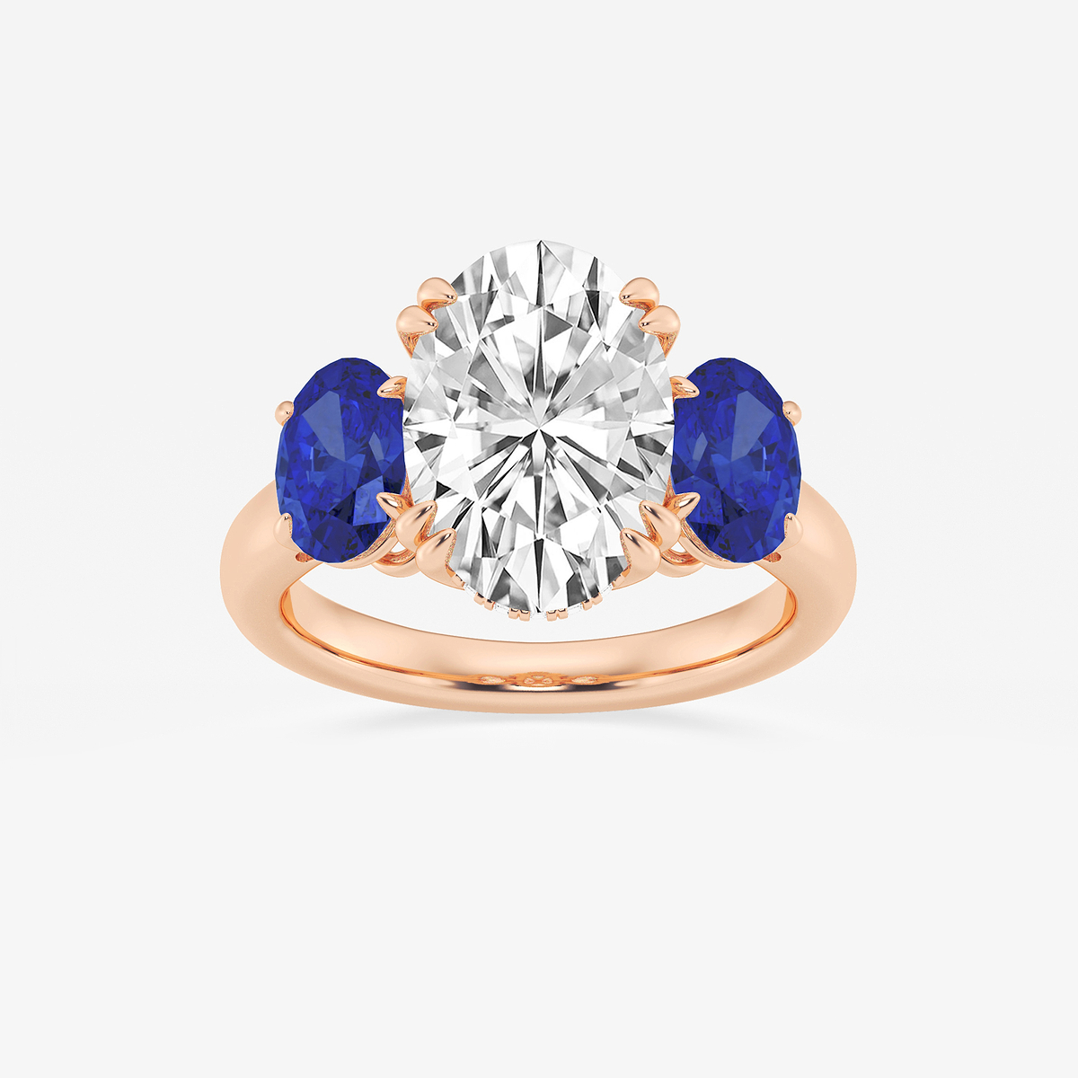 4 7/8 ctw Oval Lab Grown Diamond and Oval Cut Sapphire Three-Stone Hidden Halo Engagement Ring