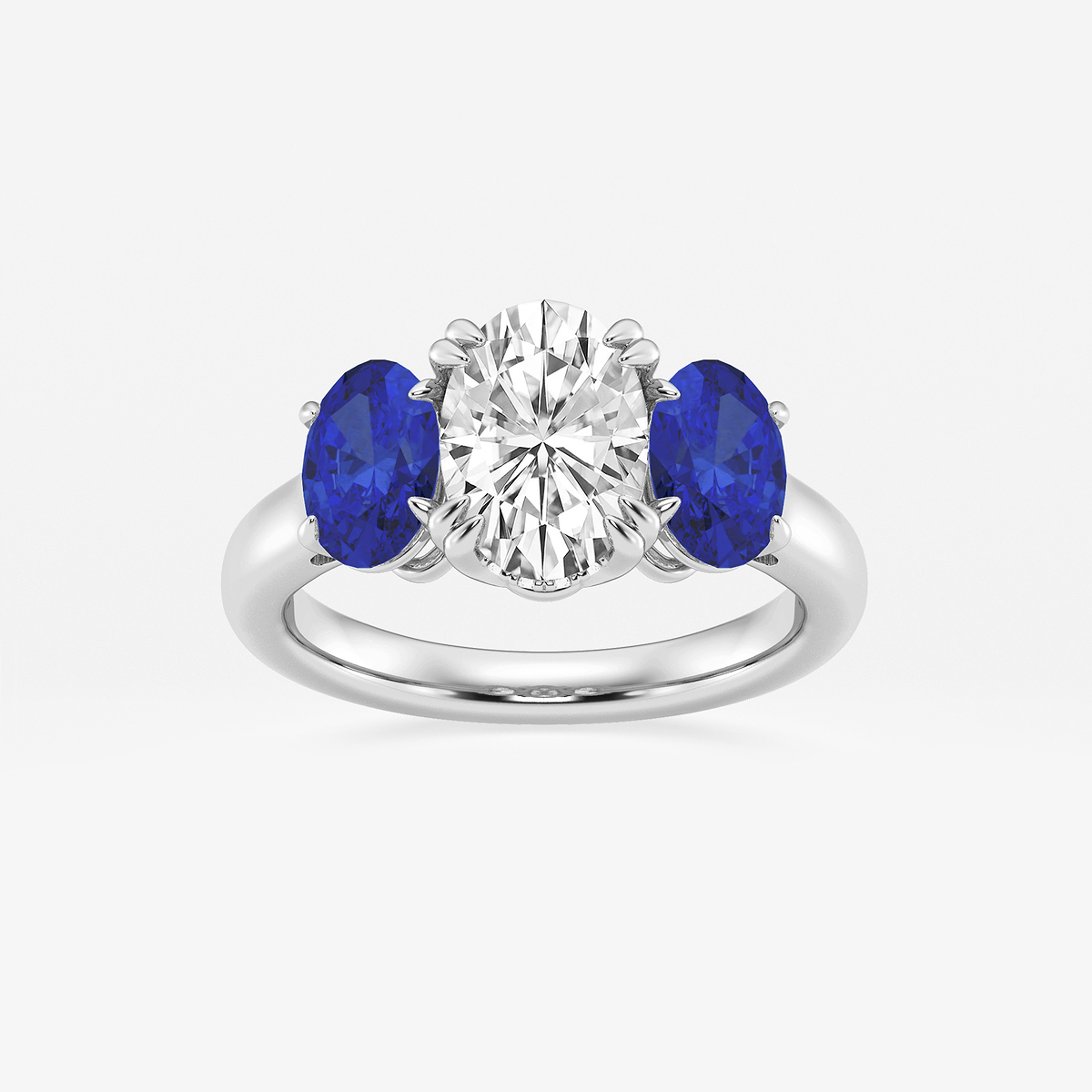 2 7/8 ctw Oval Lab Grown Diamond and Oval Cut Sapphire Three-Stone Hidden Halo Engagement Ring