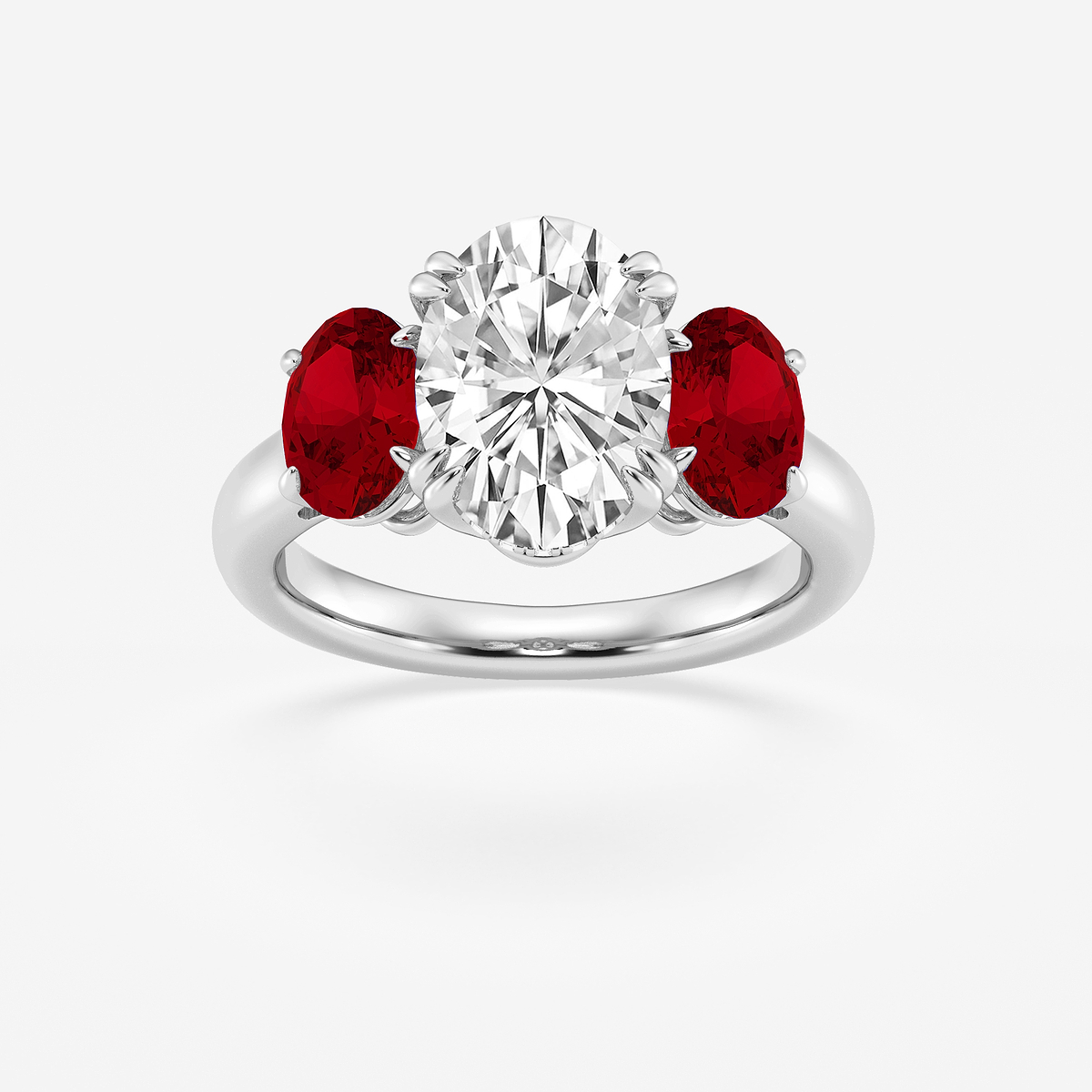 3 7/8 ctw Oval Lab Grown Diamond and Oval Cut Ruby Three-Stone Hidden Halo Engagement Ring