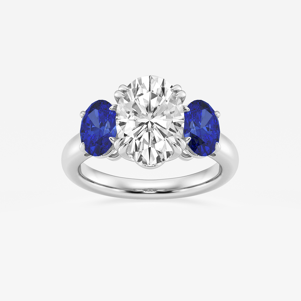 3 7/8 ctw Oval Lab Grown Diamond and Oval Cut Sapphire Three-Stone Hidden Halo Engagement Ring