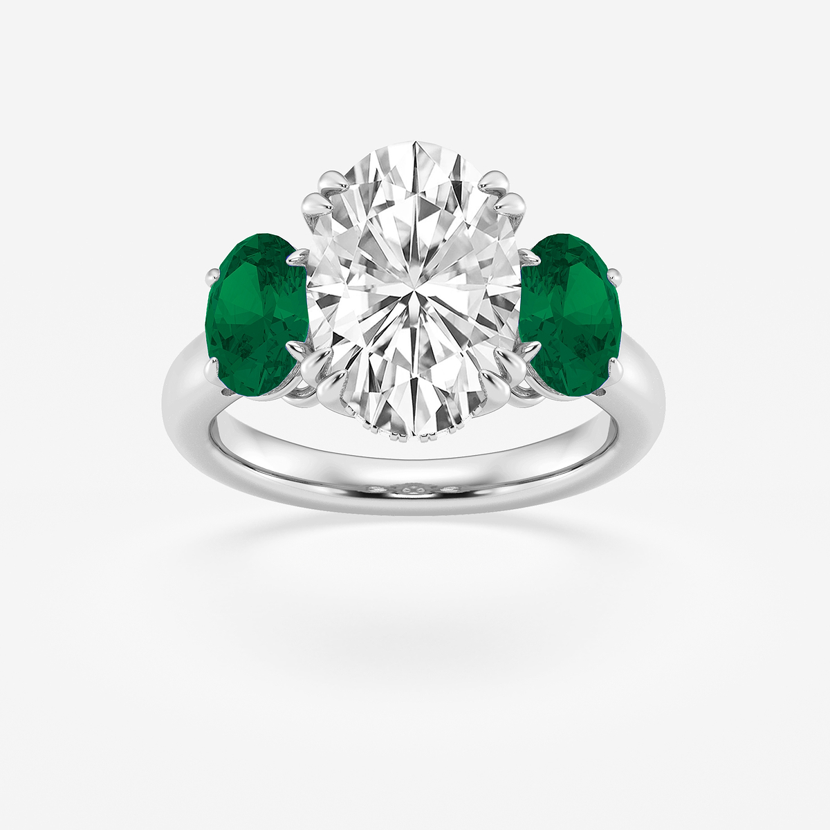 4 ctw Oval Lab Grown Diamond and Oval Cut Emerald Three-Stone Hidden Halo Engagement Ring