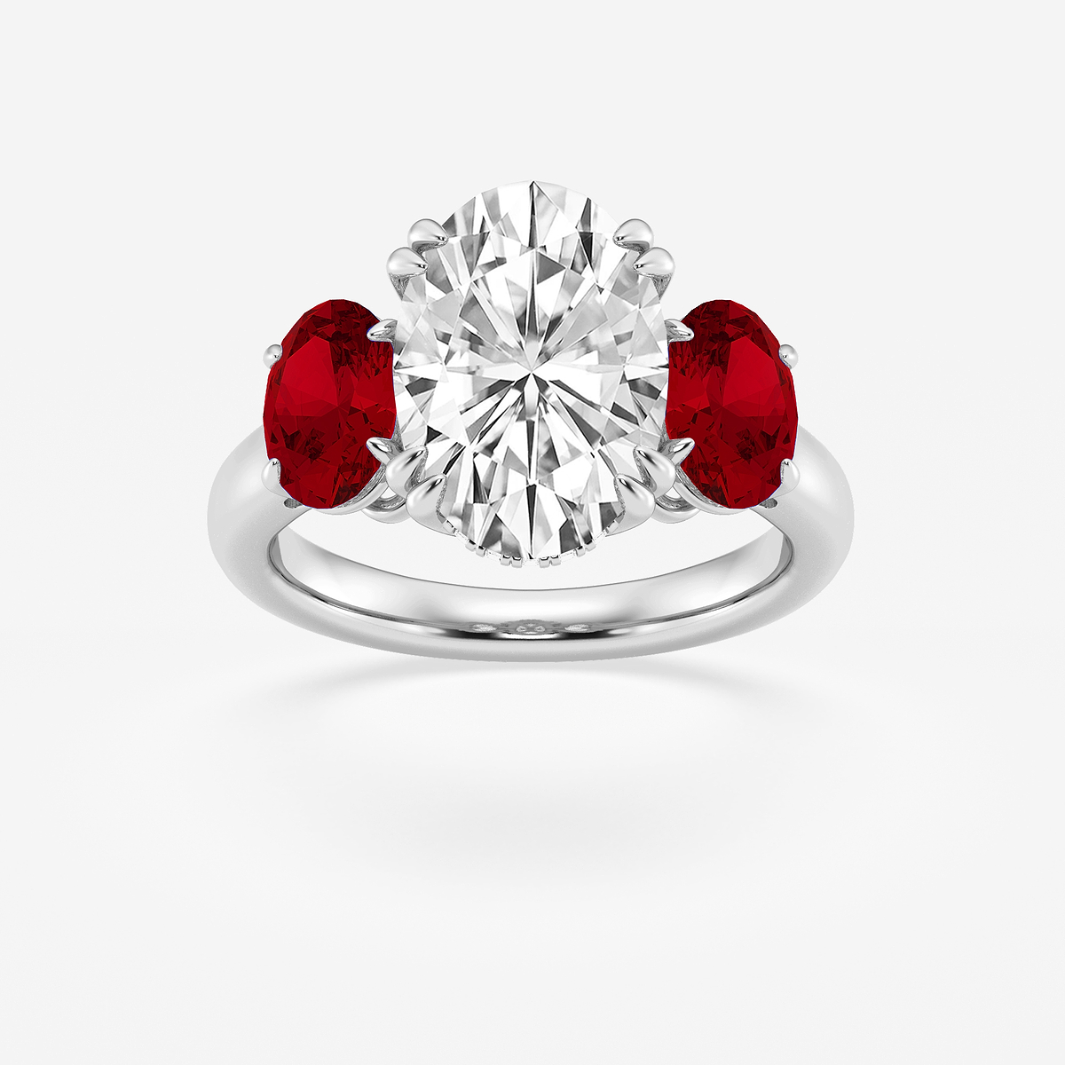 4 7/8 ctw Oval Lab Grown Diamond and Oval Cut Ruby Three-Stone Hidden Halo Engagement Ring