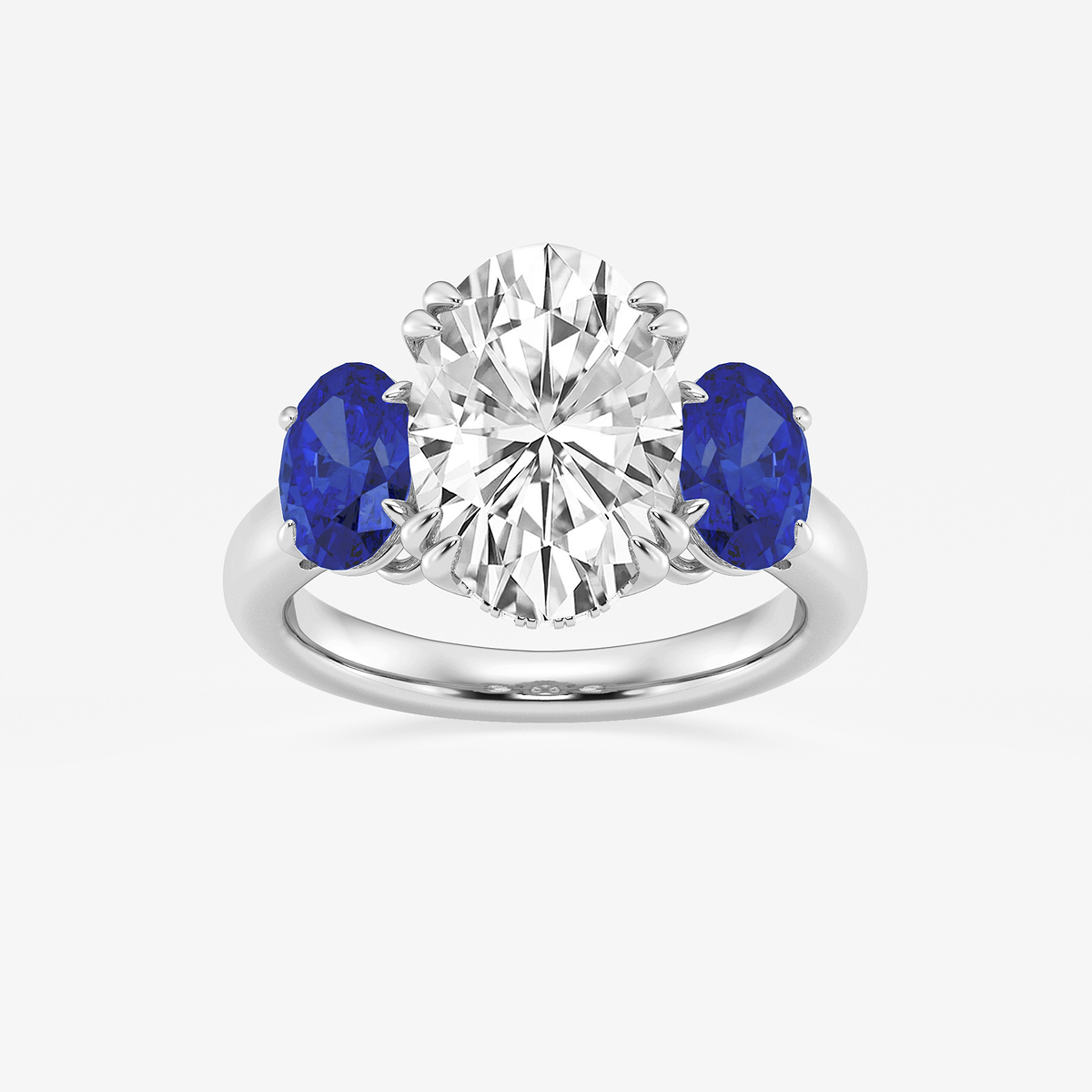 4 7/8 ctw Oval Lab Grown Diamond and Oval Cut Sapphire Three-Stone Hidden Halo Engagement Ring