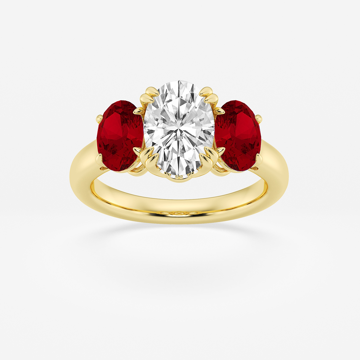 2 7/8 ctw Oval Lab Grown Diamond and Oval Cut Ruby Three-Stone Hidden Halo Engagement Ring