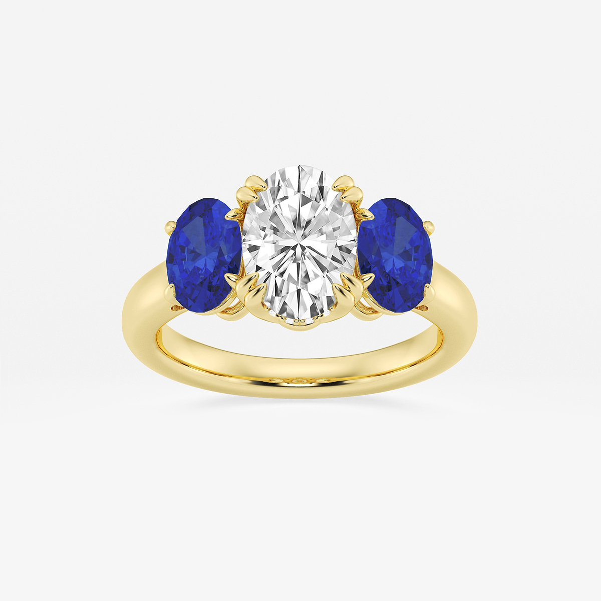 2 7/8 ctw Oval Lab Grown Diamond and Oval Cut Sapphire Three-Stone Hidden Halo Engagement Ring