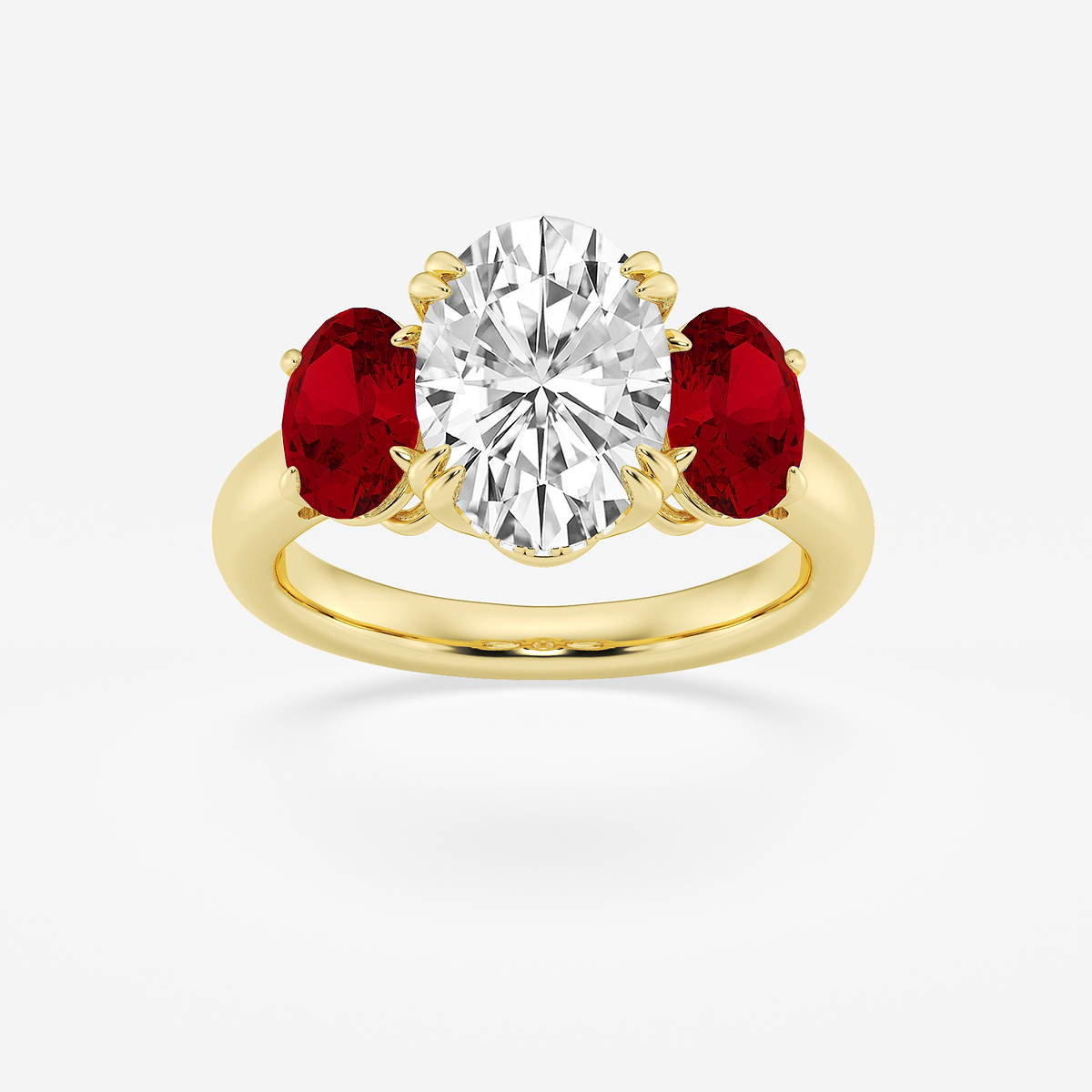 3 7/8 ctw Oval Lab Grown Diamond and Oval Cut Ruby Three-Stone Hidden Halo Engagement Ring
