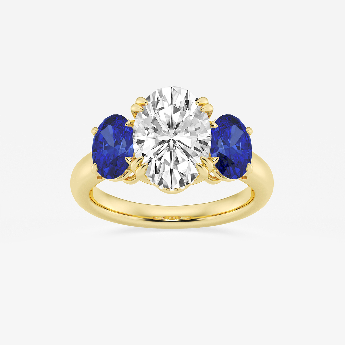 3 7/8 ctw Oval Lab Grown Diamond and Oval Cut Sapphire Three-Stone Hidden Halo Engagement Ring
