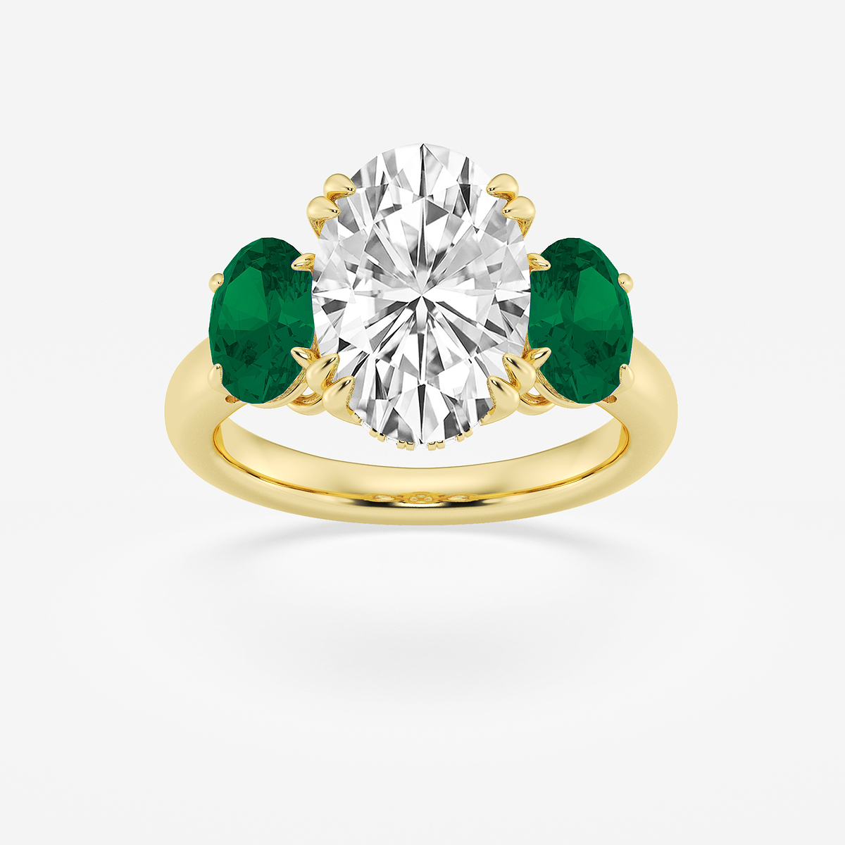 4 ctw Oval Lab Grown Diamond and Oval Cut Emerald Three-Stone Hidden Halo Engagement Ring