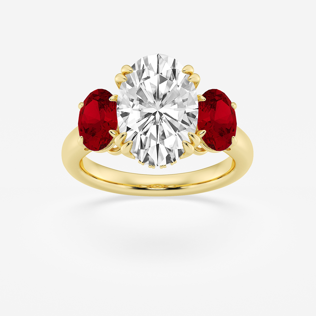 4 7/8 ctw Oval Lab Grown Diamond and Oval Cut Ruby Three-Stone Hidden Halo Engagement Ring