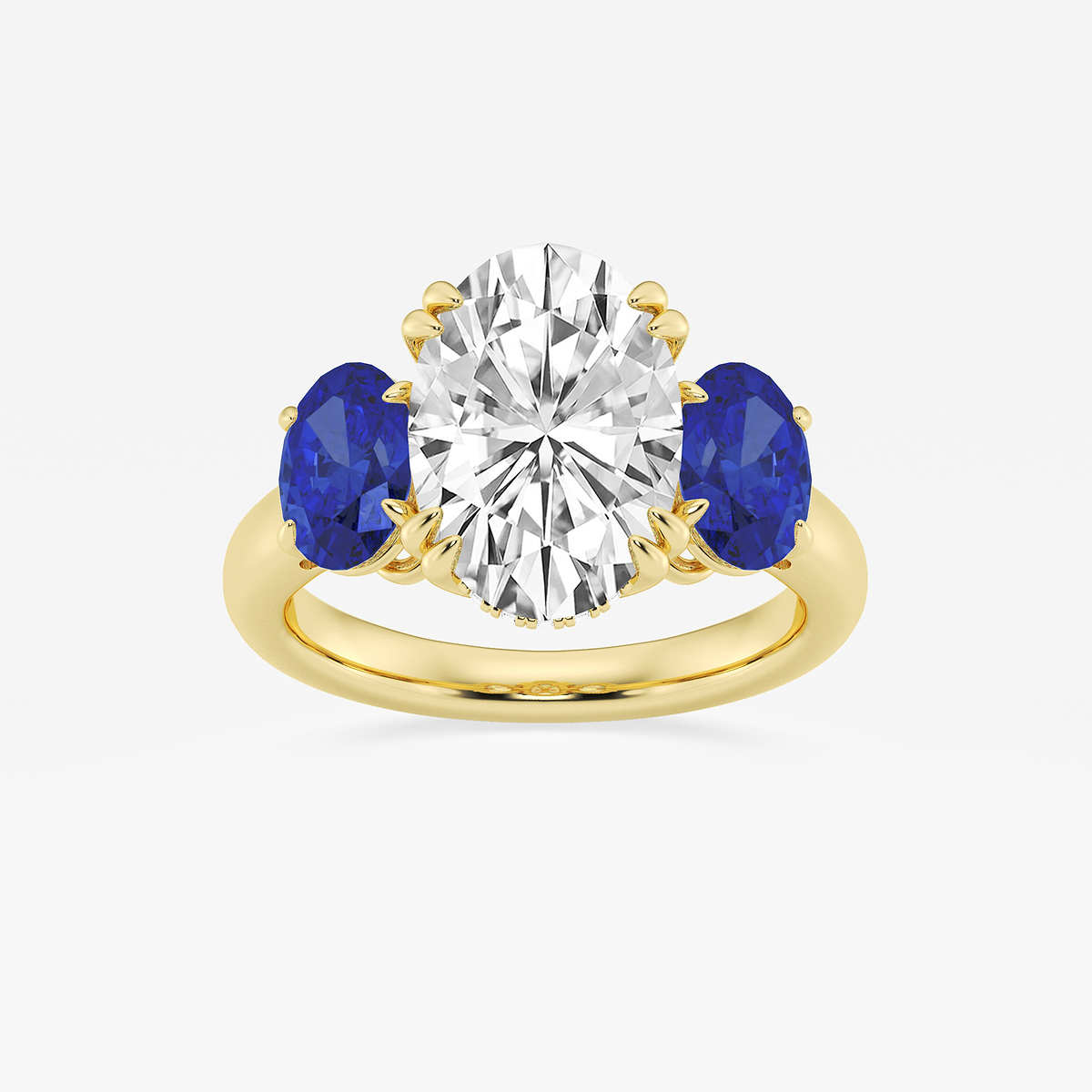 4 7/8 ctw Oval Lab Grown Diamond and Oval Cut Sapphire Three-Stone Hidden Halo Engagement Ring