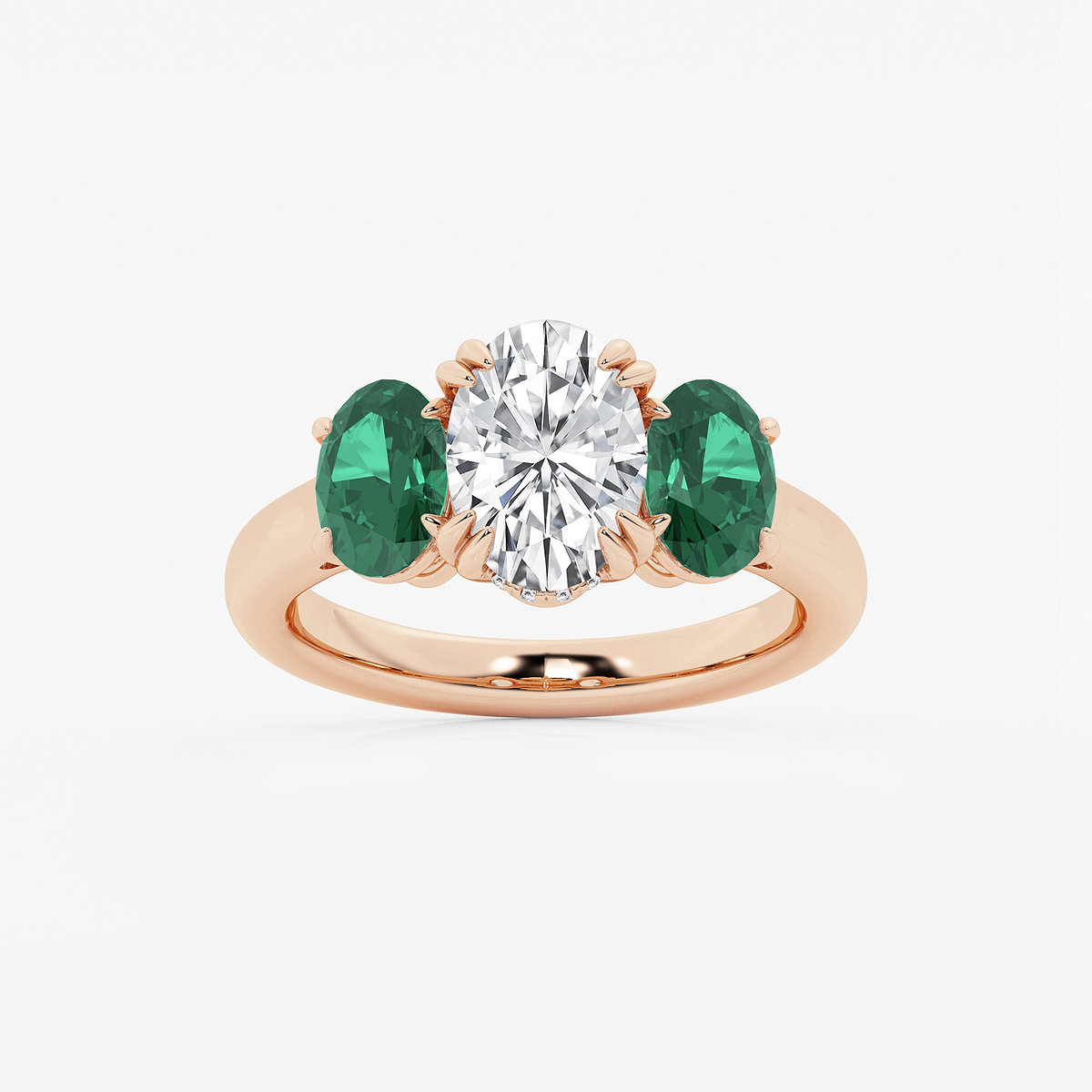 2 7/8 ctw Oval Lab Grown Diamond and Oval Cut Emerald Three-Stone Hidden Halo Engagement Ring