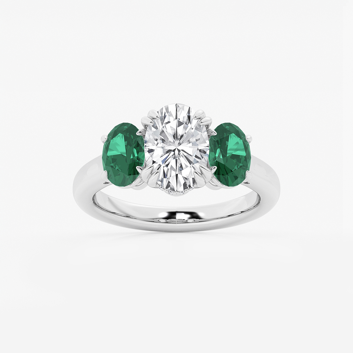 2 7/8 ctw Oval Lab Grown Diamond and Oval Cut Emerald Three-Stone Hidden Halo Engagement Ring