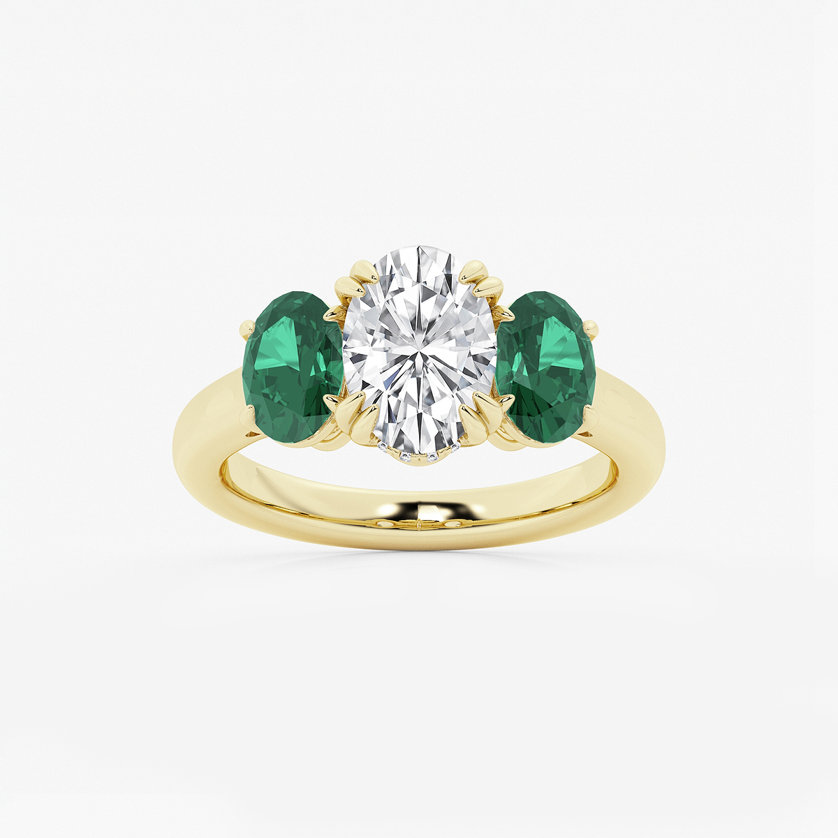 2 7/8 ctw Oval Lab Grown Diamond and Oval Cut Emerald Three-Stone Hidden Halo Engagement Ring