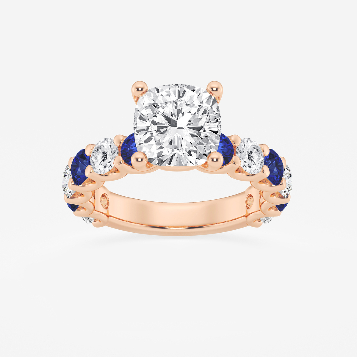 3 1/2 ctw Cushion Lab Grown Diamond and 3.5mm Round Created Sapphire Side Stone Engagement Ring