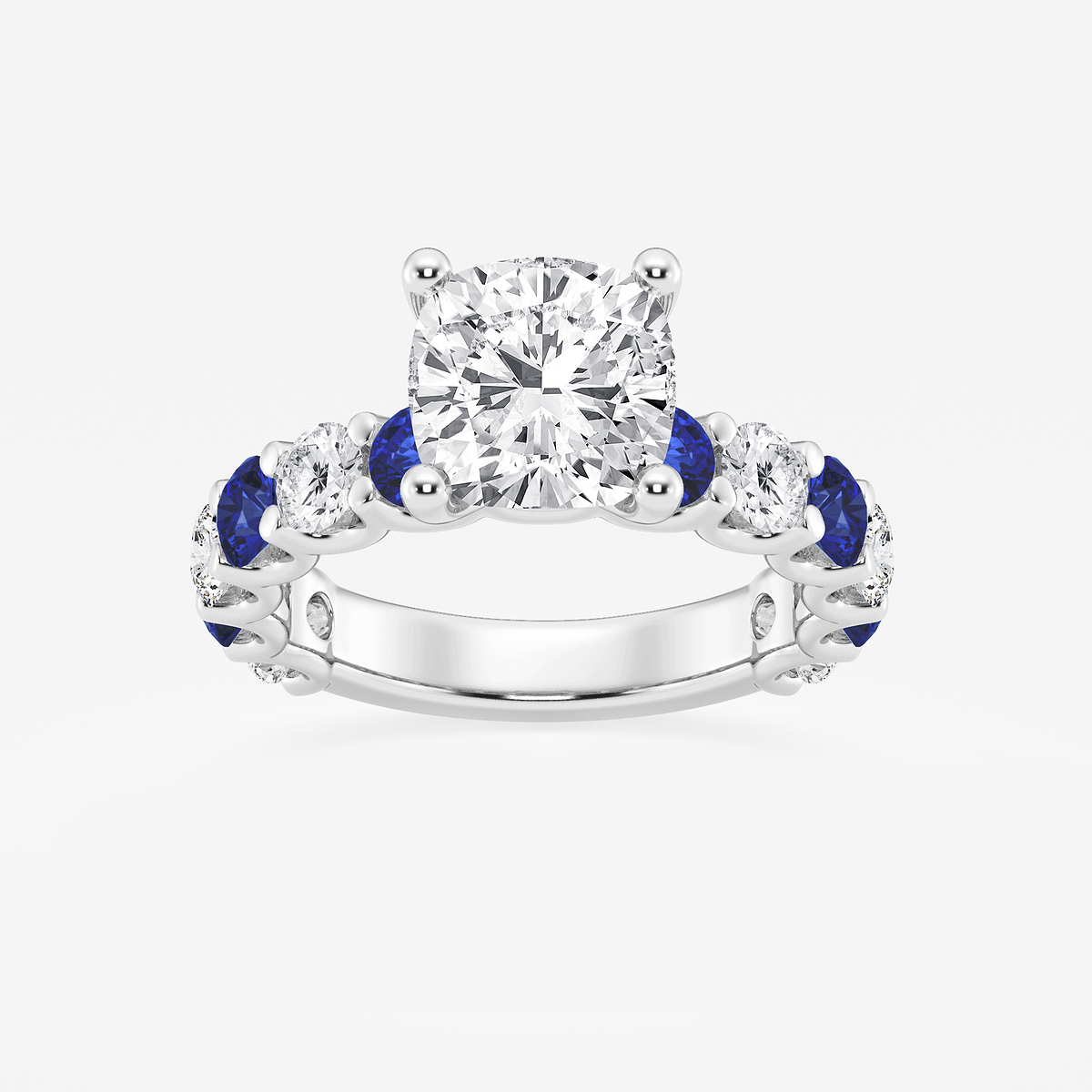 3 1/2 ctw Cushion Lab Grown Diamond and 3.5mm Round Created Sapphire Side Stone Engagement Ring