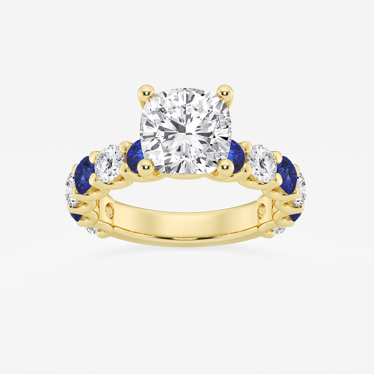 3 1/2 ctw Cushion Lab Grown Diamond and 3.5mm Round Created Sapphire Side Stone Engagement Ring
