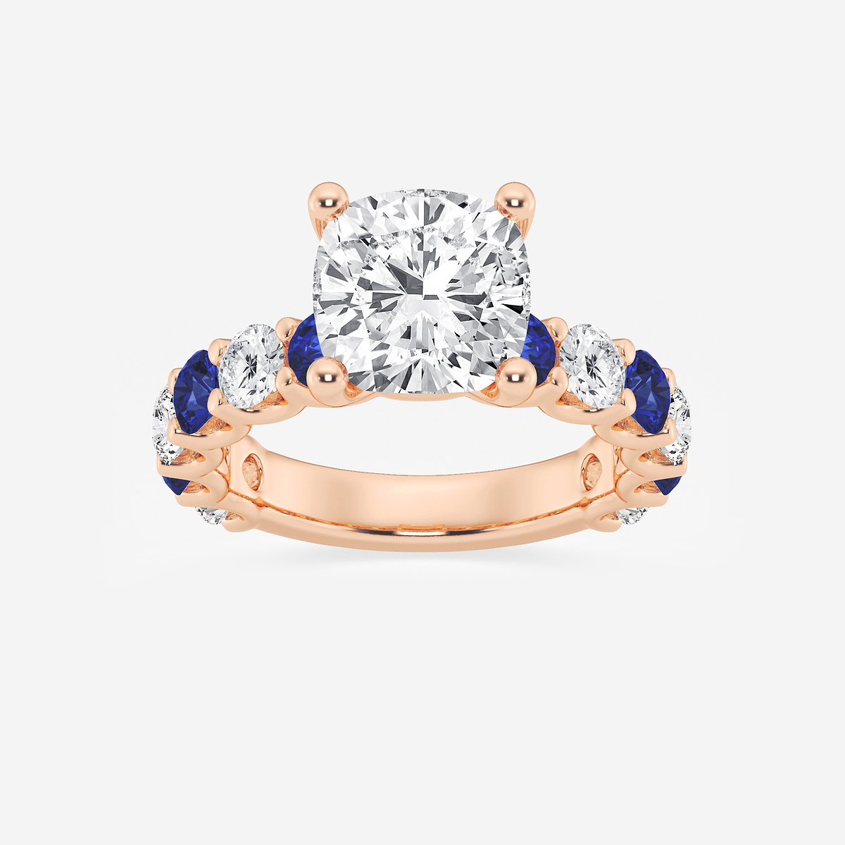 4 ctw Cushion Lab Grown Diamond and 3.5mm Round Created Sapphire Side Stone Engagement Ring