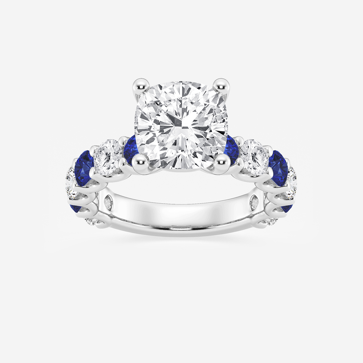 4 ctw Cushion Lab Grown Diamond and 3.5mm Round Created Sapphire Side Stone Engagement Ring