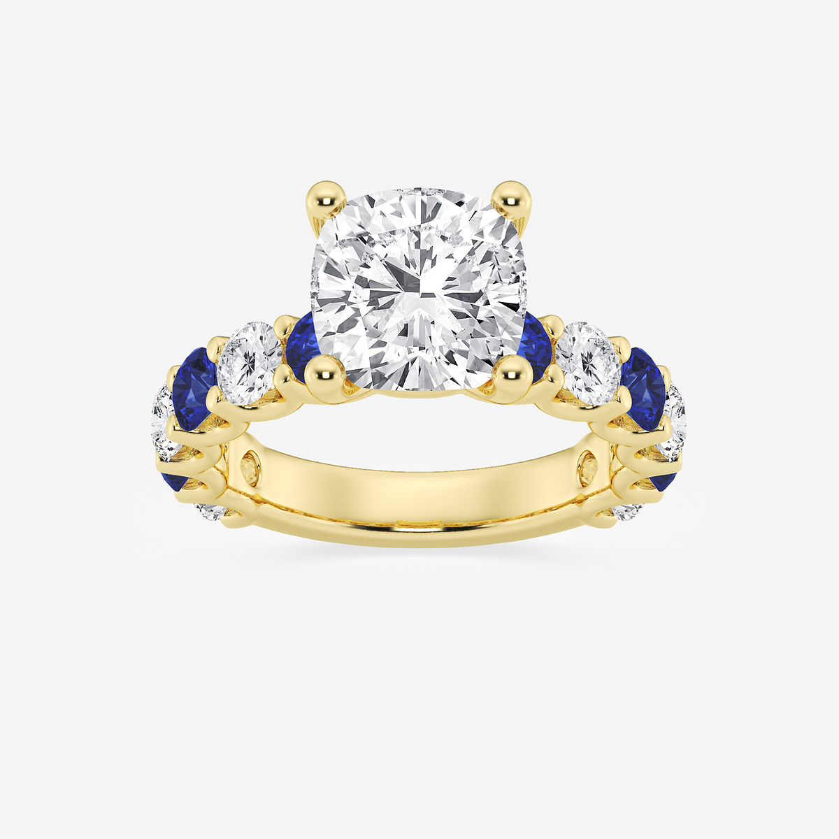 4 ctw Cushion Lab Grown Diamond and 3.5mm Round Created Sapphire Side Stone Engagement Ring