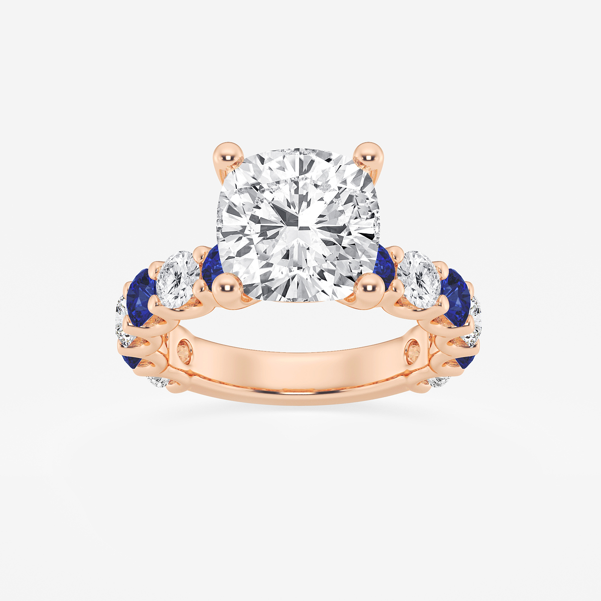 5 ctw Cushion Lab Grown Diamond and 3.5mm Round Created Sapphire Side Stone Engagement Ring