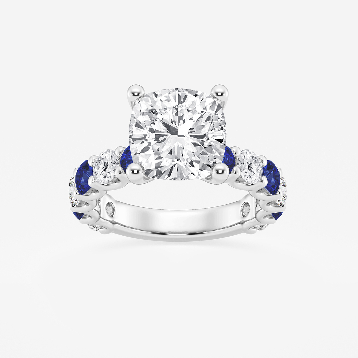 5 ctw Cushion Lab Grown Diamond and 3.5mm Round Created Sapphire Side Stone Engagement Ring