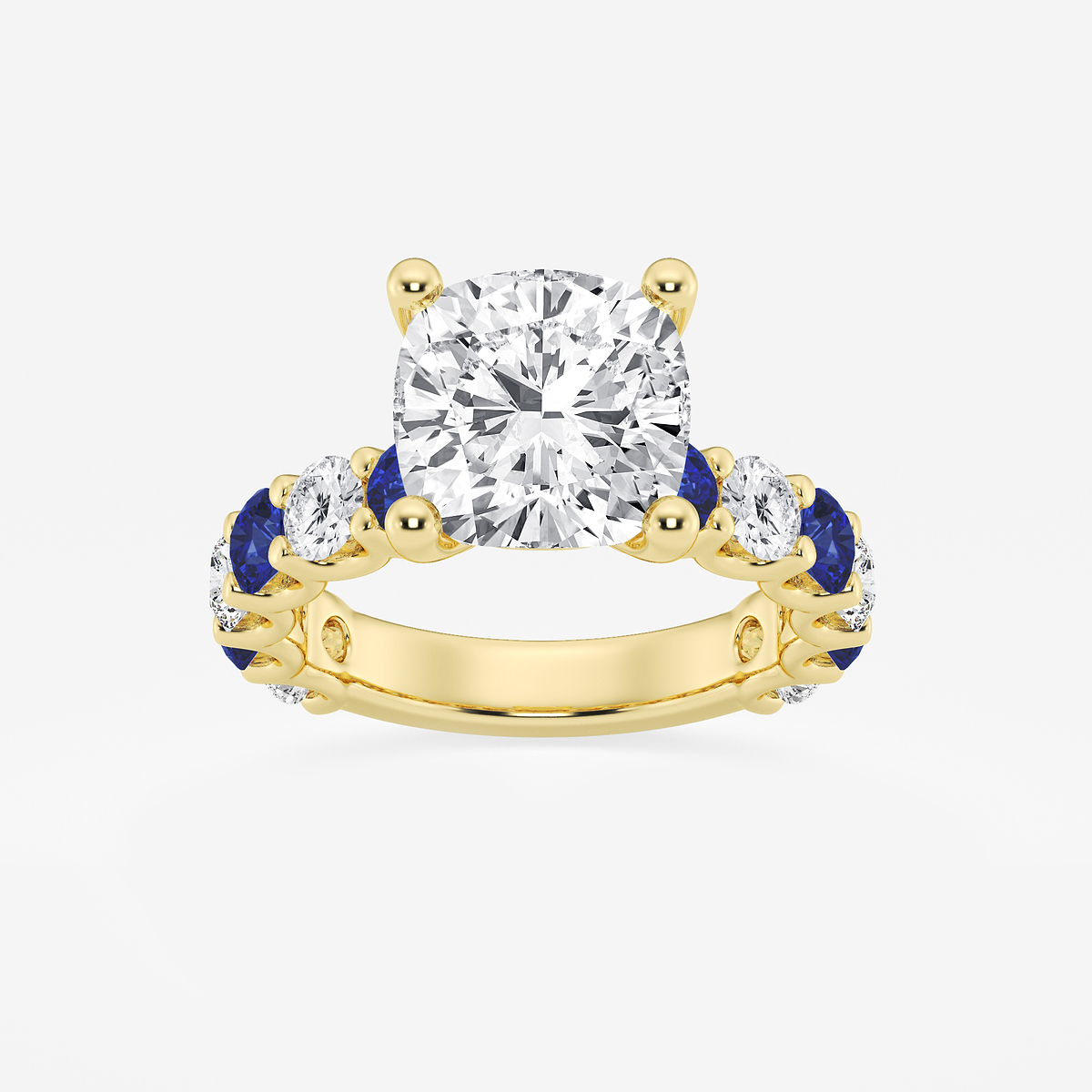 5 ctw Cushion Lab Grown Diamond and 3.5mm Round Created Sapphire Side Stone Engagement Ring