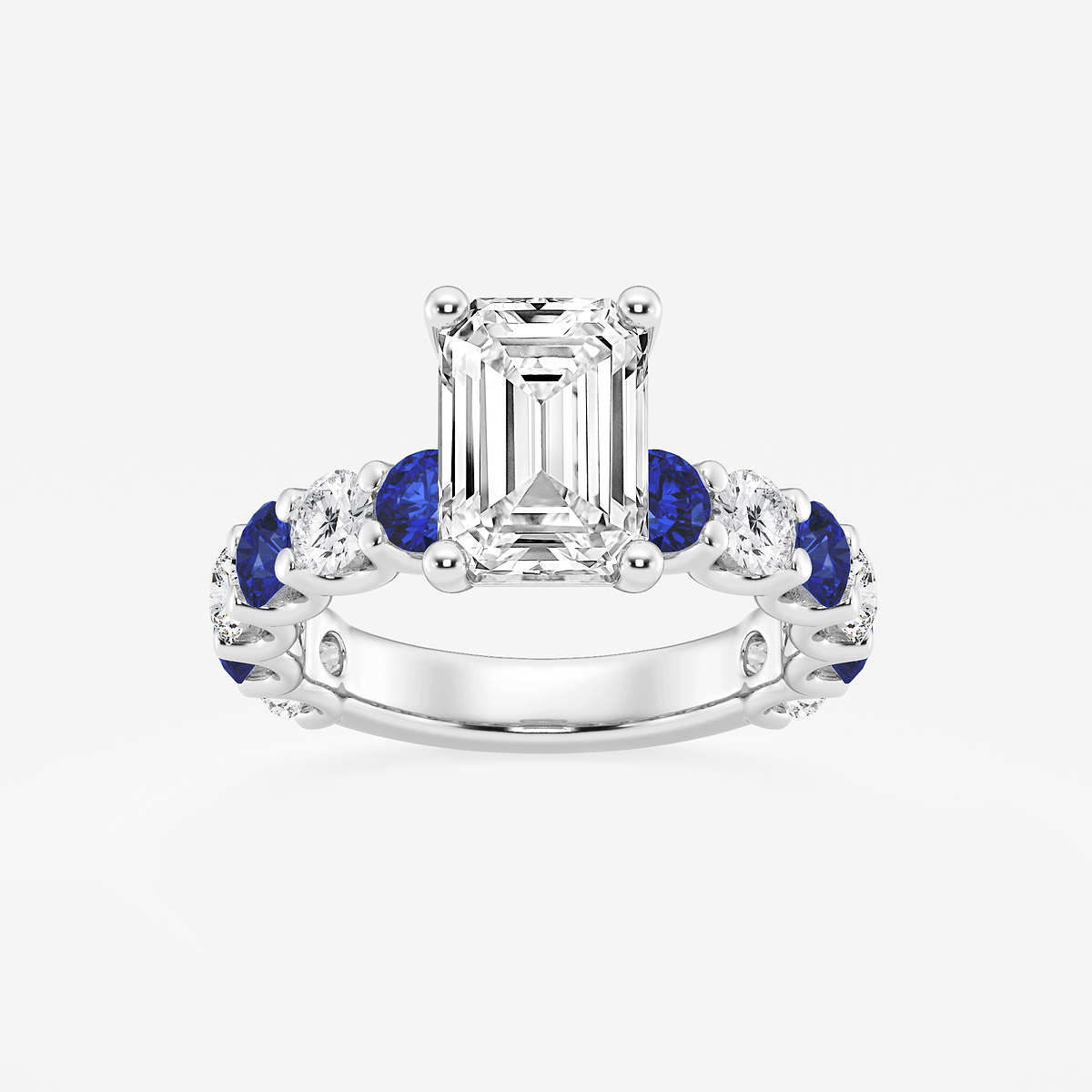 3 1/2 ctw Emerald Lab Grown Diamond and 3.5mm Round Created Sapphire Side Stone Engagement Ring