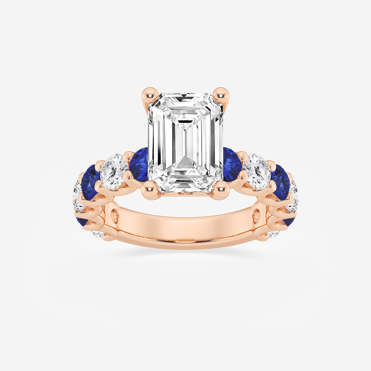 4 ctw Emerald Lab Grown Diamond and 3.5mm Round Created Sapphire Side Stone Engagement Ring