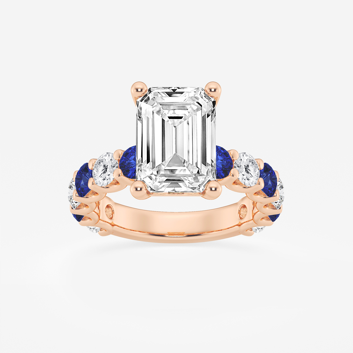 5 ctw Emerald Lab Grown Diamond and 3.5mm Round Created Sapphire Side Stone Engagement Ring