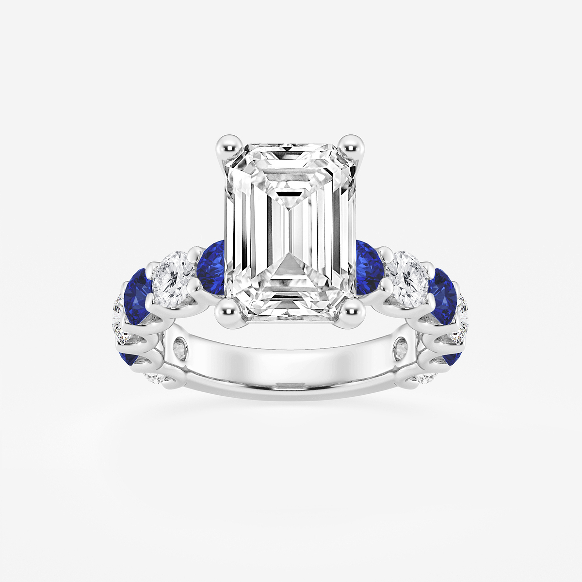 5 ctw Emerald Lab Grown Diamond and 3.5mm Round Created Sapphire Side Stone Engagement Ring