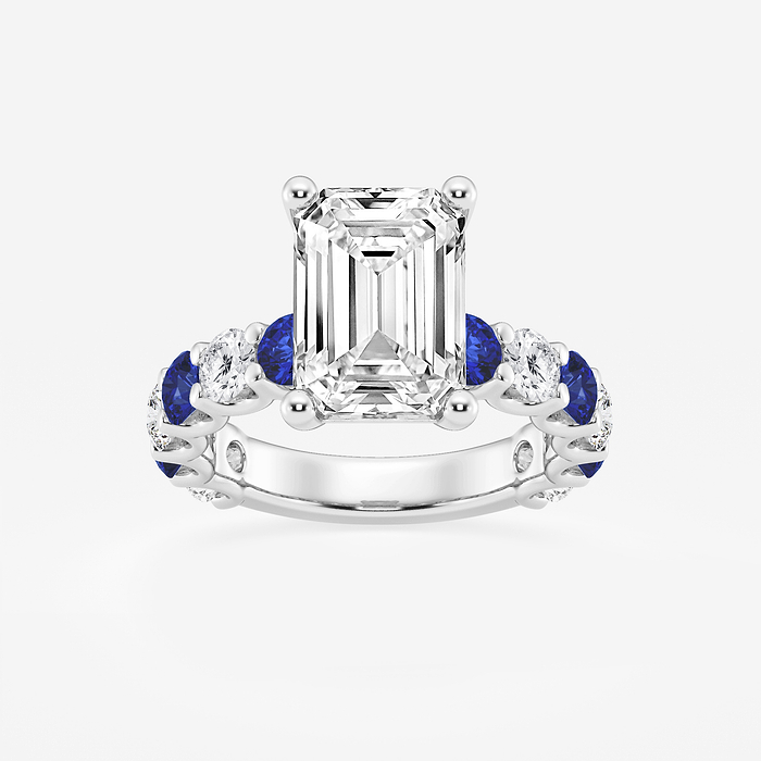 Olivia - 5 ctw Emerald Lab Grown Diamond and 3.5mm Round Cut Sapphire Side Stone Engagement Ring